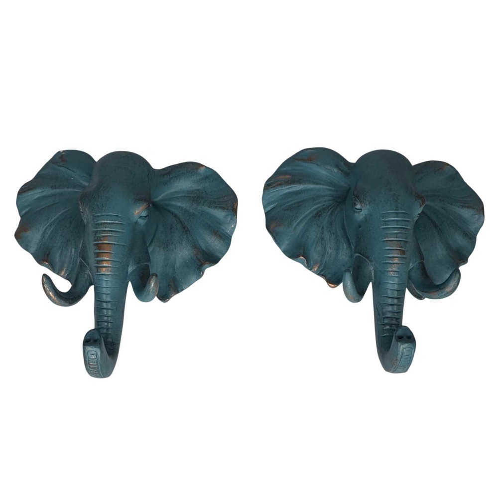 Bohemian Boho Elephant Head Wall Hooks Set of 2 Green Bronze Resin Safari Decor